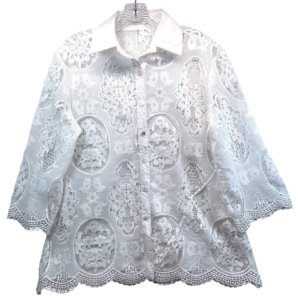 Vipavadee Womens White Floral Lace Button Down Shirt Scalloped Hem Large